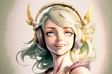 Beautiful smiling blonde girl enjoying music in big headphones in a watercolor hand drawn style light illustration.Woman in headphones listening to music.AI generated.の素材