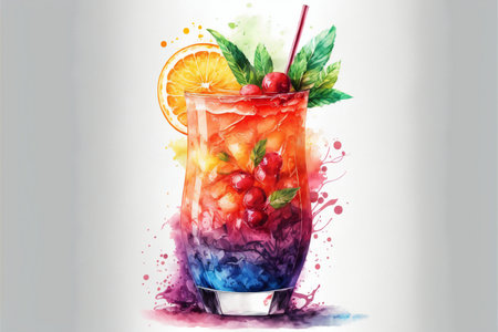 Cold fruit cocktail with cherry garnished with flowers, leaves and a slice of lemon.Colorful illustration in a watercolor style on a light background.AI generated.の素材