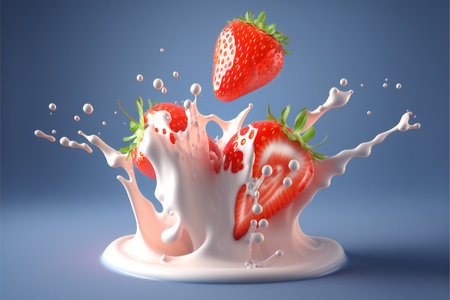 Realistic strawberries against a background of splashes of milk or cream, with copyspace on a blue background. AI generated.の素材