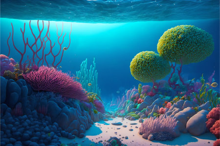 Colorful marine background with blue clear water boulders, algae and corals in a watercolor style. AI generated.の素材