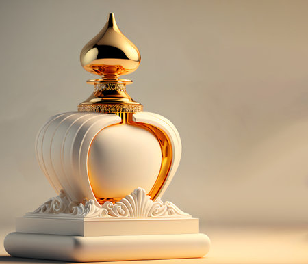 A white perfume bottle on a stand with a golden cap and a minimalist decor on a light background with copyspace. Perfume bottle design mockup. AI generated.の素材