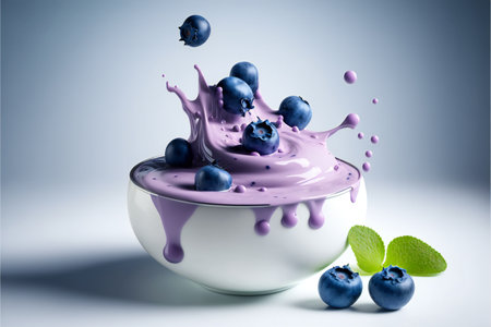 A delicious realistic cream dessert with blueberry berries on a light background with a copy.AI generated.の素材