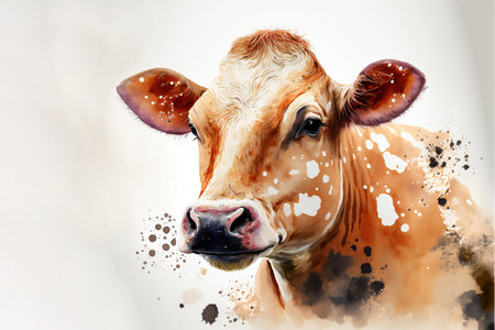 Realistic calf in a watercolor style on a light background with copyspace and watercolor splashes. AI generated.の素材