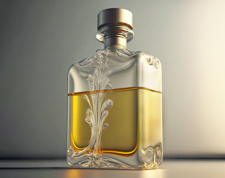 A transparent bottle with a pattern on the glass and yellow perfume inside on a light background with copyspace. AI generated.の素材