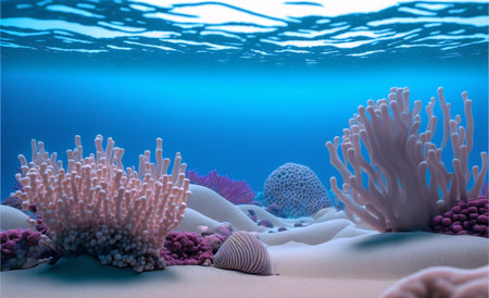 Colorful sea background with clear blue water, pink corals, sand and seashells. AI generated.の素材