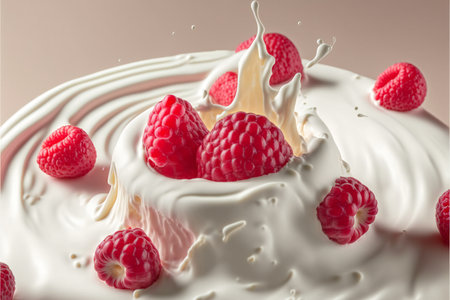Realistic raspberries on a background of milk or cream, with copyspace. AI generated.の素材