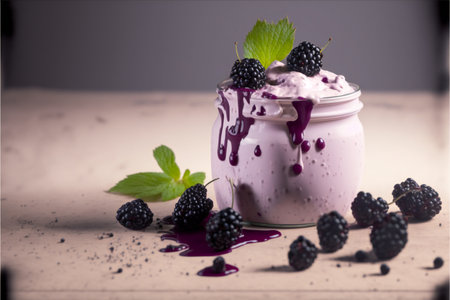 Realistic blackberry yogurt in a glass jar on blackberry background with copyspace.AI generated.の素材