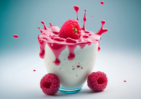 Realistic milk dessert ice cream or yogurt with raspberry sweet sauce and raspberries in a glass goblet on a light background.AI generated.の素材