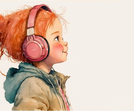Smiling redhead child girl listening to music in pink headphones illustration in a watercolor hand drawn style on a white background with copyspace.AI generated.の素材