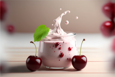 Cherry yogurt or smoothie in a glass transparent jar with cherries on a wood table.AI generated.の素材