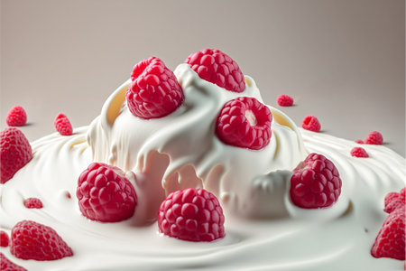 Realistic raspberries on a background of milk or cream, with copyspace. AI generated.の素材