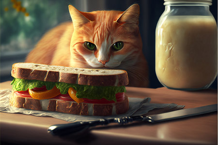 Ginger cartoon cat looks at a sandwich on the table. Generated by ai.の素材
