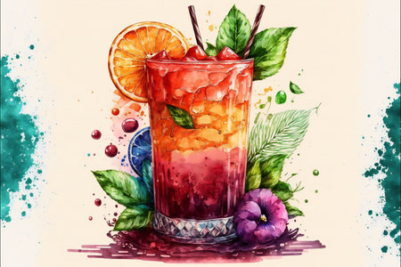 Cold fruit drink with ice mint and cocktail tubes decorated with flowers and foliage.Colorful illustration in a watercolor style on a light background.AI generated.の素材