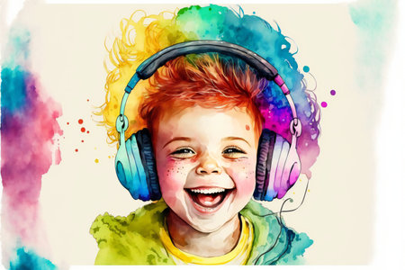 Joyful ginger child boy listening to music with headphones illustration in a watercolor hand drawn style with copyspace.AI generated.の素材