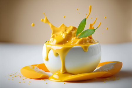 Realistic mango dessert or smoothie with leaves and sprinkles,splashes and pieces of mango on a background in a glass bowl on a light backdrop.AI generated.の素材