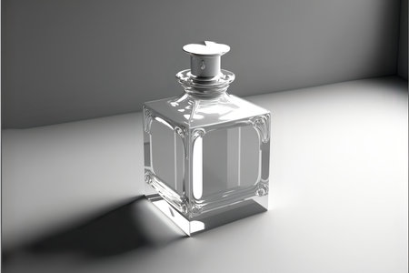 Mockup of a transparent glass perfume bottle on a light background. AI generated.の素材