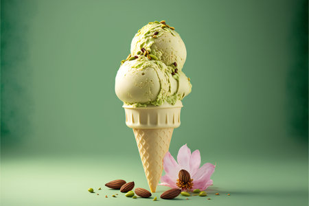 Balls of pistachio ice cream sprinkled with pistachios in a waffle cone on a background of almonds. Ice cream advertising on a green background. AI generated.の素材