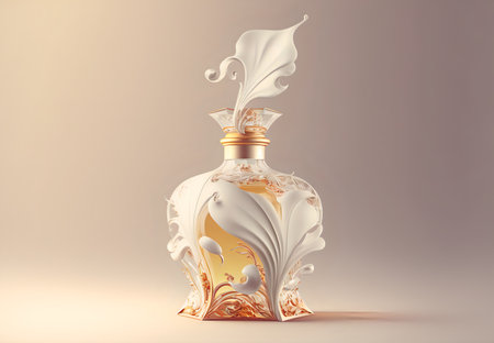 Mockup of a carved perfume bottle with patterns on a light background.Perfume packaging concept.AI generated.の素材