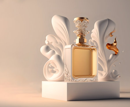 Mockup of a transparent glass perfume bottle on an advertising podium on a light background.AI generated.の素材