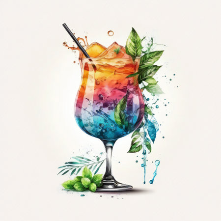Cold alcoholic cocktail with ice and mint leaves in a wine glass in a watercolor style.AI generated.の素材