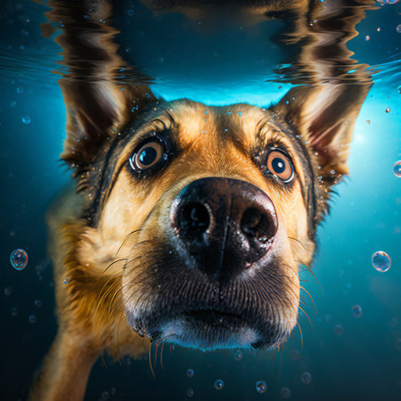 Funny dog german shepherd dives under water, muzzle close-up.Cute rescue dog underwater.AI generated.の素材