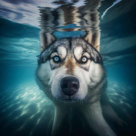 Adorable husky dog with blue eyes dives under water, muzzle close-up.Cute rescue dog underwater.AI generated.の素材