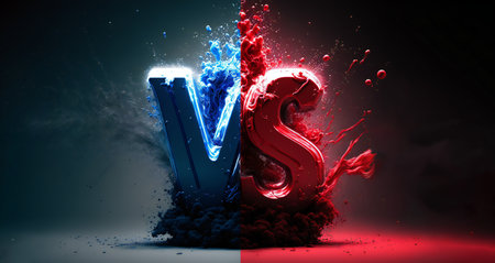 Versus VS sign.Splashes of red and blue paint in a vertical stripe with copyspace.Confrontation concept, candidate selection.AI generated.の素材