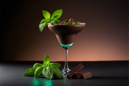 Chocolate liqueur on a background of juicy mint leaves and chocolate in a glass goblet.Alcoholic cocktail in a transparent glass goblet with copyspace on a dark background.AI generated.の素材