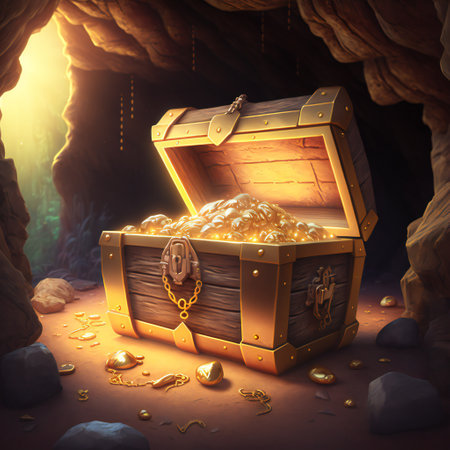 Pirate treasure in a wooden chest in a dark cave, cartoon style. AI generated.の素材