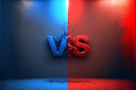 Versus background with splashes of red and blue paint in a vertical stripe with copyspace. Concept confrontation, candidate selection. AI generated.の素材
