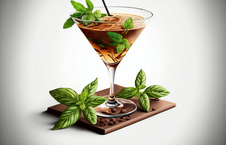 Chocolate liqueur on a background of juicy mint leaves and chocolate in a glass goblet.Alcoholic cocktail in a transparent glass goblet with copyspace on a dark background.AI generated.の素材