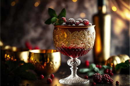 A raspberry cocktail against the background of festive decor and Christmas tree branches in a crystal glass with a pattern. A festive table backdrop with copyspace on a festive lamp background. AI generated.の素材