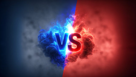 Versus background with red and blue smoke and diagonal stripe and lightning, glow with copyspace. Concept confrontation, candidate selection.Ð¡ompetition, sport games, choice concept.Versus VS sign.AI generated.の素材