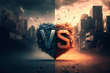 Versus background with letters VS on the background of the city with a vertical stripe copyspace. Concept confrontation, candidate selection. AI generated.の素材