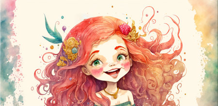 Cute joyful girl with red hair in a watercolor hand drawn style on a white background with watercolor blots.AI generated.の素材