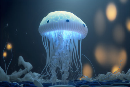 White realistic glowing neon blue light jellyfish underwater on a dark background.Underwater wallpaper with light effects.AI generated.の素材
