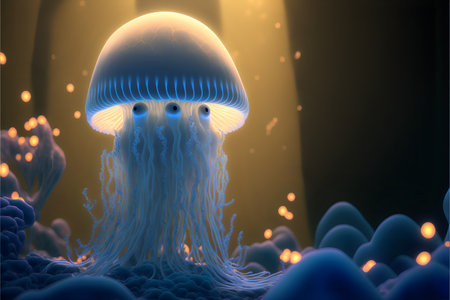 White realistic jellyfish under water against the background of the rays of the sun.Underwater wallpaper with light effects.AI generated.の素材