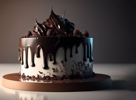 Realistic cream cake with chocolate decor and smudges and drops of chocolate on a stand with copyspace. Generated by ai.の素材