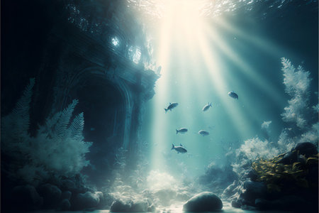 Light illustration of rocky seabed and stone arch on sun glare in turquoise water.AI generated.の素材