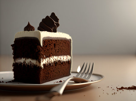 Sliced piece of chocolate cake with white buttercream close-up on a plate with fork and copyspace.AI generated.の素材