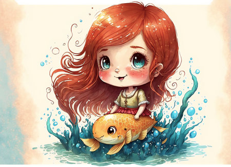 A cute baby girl with big blue eyes swims on a fish illustration in a watercolor style.Adorable little girl on the background of water splashes and a goldfish.AI generated.の素材