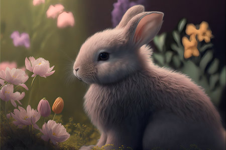 Cute realistic easter bunny on flowers background.Easter spring background.AI generated.の素材