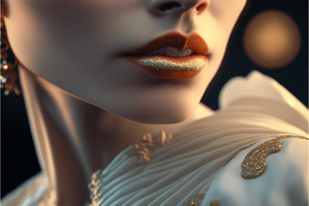 Lips with gold sequins and girl's neck in white close-up on a dark background realistic style.AI generated.の素材