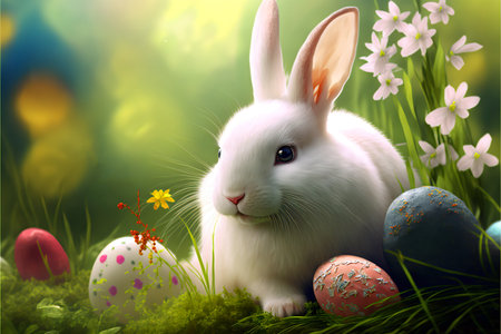 Cute easter white bunny on a spring background and painted eggs with copyspace.Realistic bunny on a background of grass flowers and easter eggs.AI generated.の素材