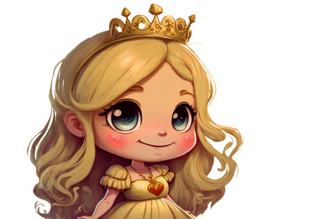 Cute blond princess girl with big eyes in cartoon style isolated on white background.AI generated.の素材