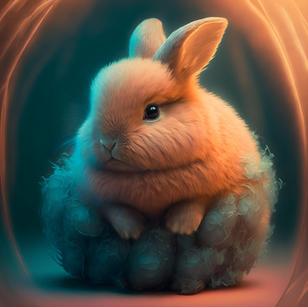 Red cute rabbit with fluffy fur sits in a nest.Easter background.AI generated.の素材
