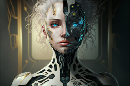 Beautiful cyborg girl with white hair and glowing blue eyes. Concept of artificial intelligence and cyborgization. AI generated.の素材