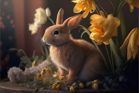 Cute realistic easter bunny on flowers background.Easter spring background.AI generated.の素材