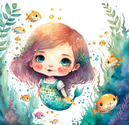 Cute mermaid girl with big blue eyes among the waves of fish and seaweed illustration in a watercolor style.Adorable mermaid on the background of water and fish.AI generated.の素材