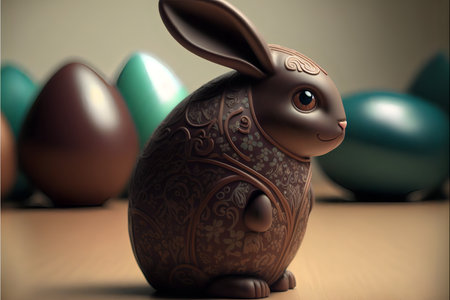Easter chocolate bunny on a background of painted eggs .Easter background.AI generated.の素材